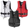 Front grouped view showing white, red, and black buoyancy aids together, each with zip closures, adjustable waist straps, and safety tie cords.