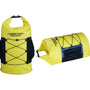 Front and side view of the Cambridge Kayaks 30L yellow waterproof deck bag showing the roll-top closure, black bungee cord storage, and side mesh pocket for extra gear.