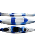 Cambridge Kayaks Adventure 350 touring sit in kayak in blue white camo, compact fishing kayak with hatch storage, a stable kayak for beginners and leisure paddling on rivers, lakes and coastal waters