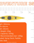 Dimensions diagram of Cambridge Kayaks Adventure 350 sit in kayak, highlighting length, width and hull design, essential for anyone choosing a lightweight touring kayak