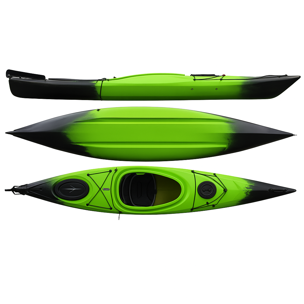 Cambridge Kayaks Adventure 350 sit in kayak in green black fade, durable and stable fishing kayak with hatch storage, recognised as one of the best sit in kayaks UK for rivers and coastal waters