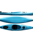 Cambridge Kayaks Adventure 350 touring sit in kayak in light blue, one of the best sit in kayaks UK for beginners, leisure paddling, and touring rivers or lakes with storage hatch and footrests