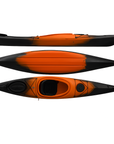 Cambridge Kayaks Adventure 350 sit in kayak in orange black fade, stylish UK touring kayak with stable hull, designed for sea trips, rivers and leisure paddling