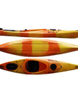 Cambridge Kayaks Adventure 350 sit in kayak in orange camo, colourful and durable lightweight touring kayak for beginners and families with storage hatch and footrests