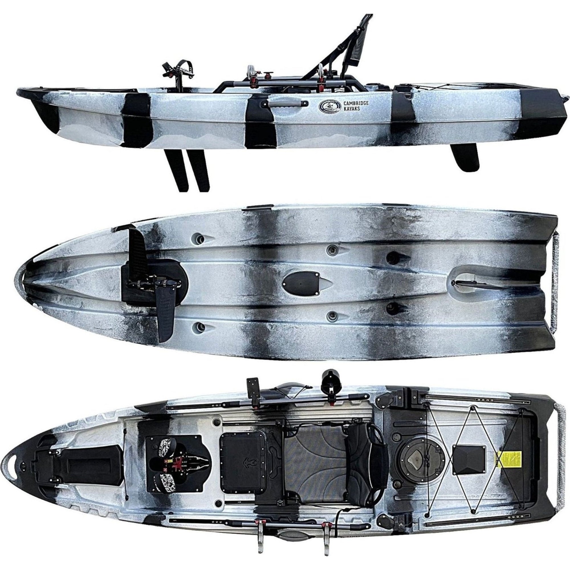 Cambridge Kayaks Big Catch 10.5ft Pedal Fishing Kayak in black white. Stable and durable kayak with pedal propulsion and comfortable adjustable seat for long fishing sessions.