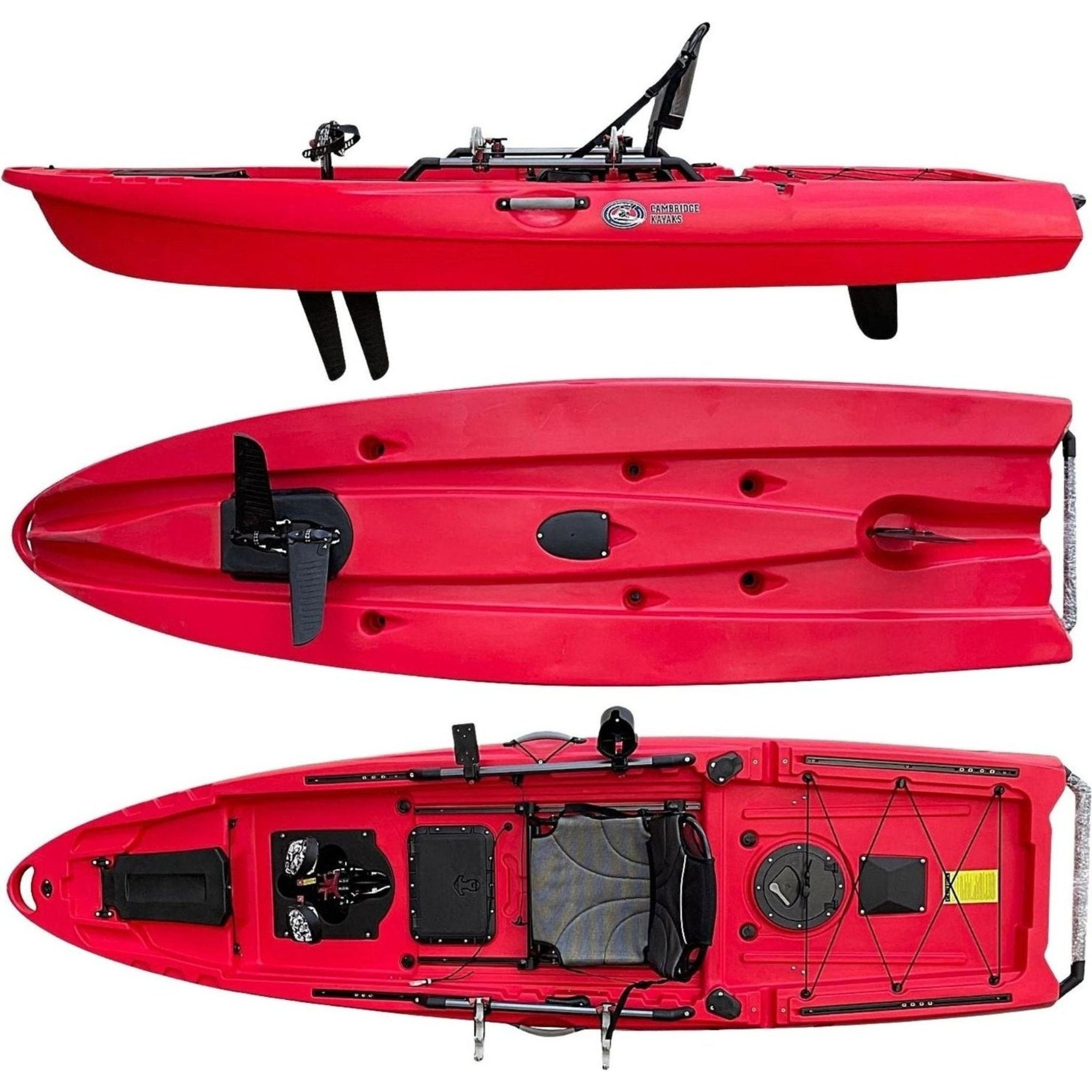 Cambridge Kayaks Big Catch 10.5ft Pedal Fishing Kayak in red. Premium sit-on-top kayak with pedal drive system, ideal for fishing and touring UK lakes, rivers, and coastal waters.