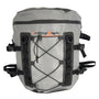 Front view of the Cambridge Kayaks Deluxe 15L Dry Deck Bag in grey, featuring waterproof welded seams, adjustable straps, and an elastic bungee cord storage system.