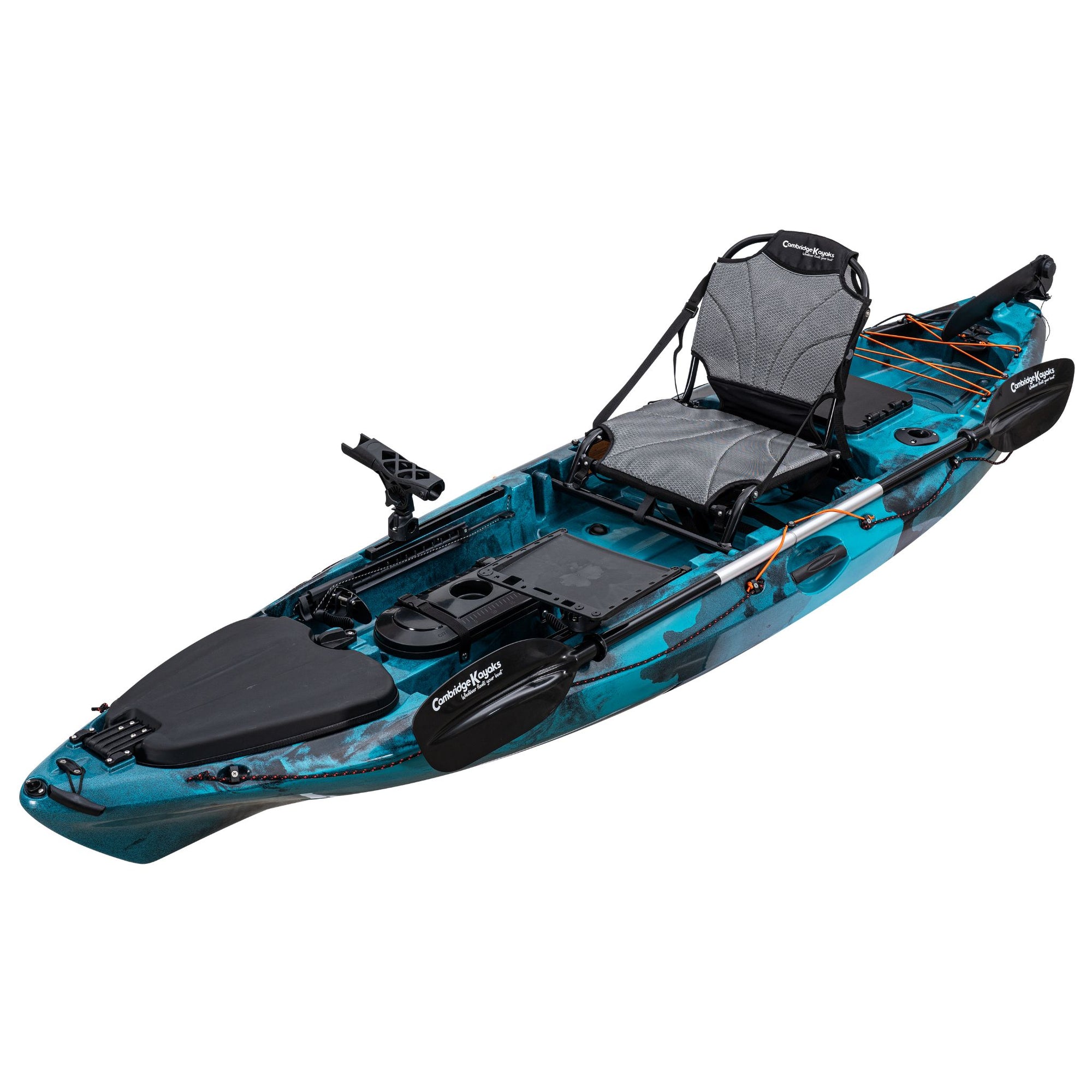 Alternate angled view of the Discovery 10ft Pro Fishing Kayak in blue black camo. Displays front storage hatch, seat position, and bungee rear area.