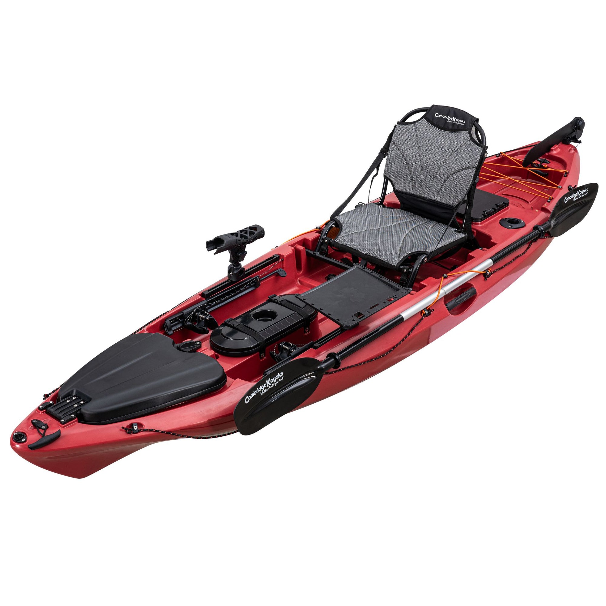 Cambridge Kayaks Discovery 10ft Pro Fishing Kayak in dark red. A stable, single sit-on-top fishing kayak designed for UK anglers. Perfect for sea, river, and lake use with rod holders and rear storage.