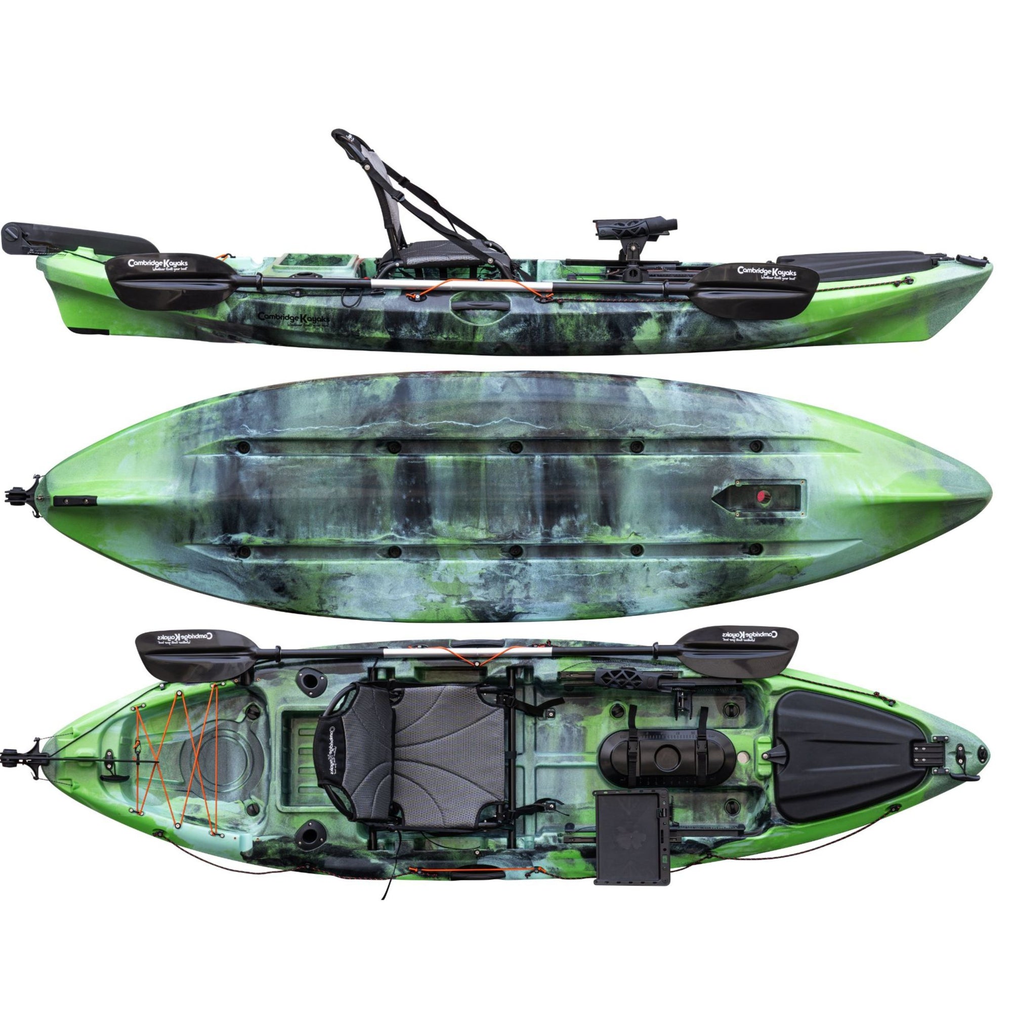 Cambridge Kayaks Discovery 10ft Pro Fishing Kayak in green camo. Tough and durable kayak ideal for fishing or touring. Designed for stability and comfort with wide hull and adjustable seat.