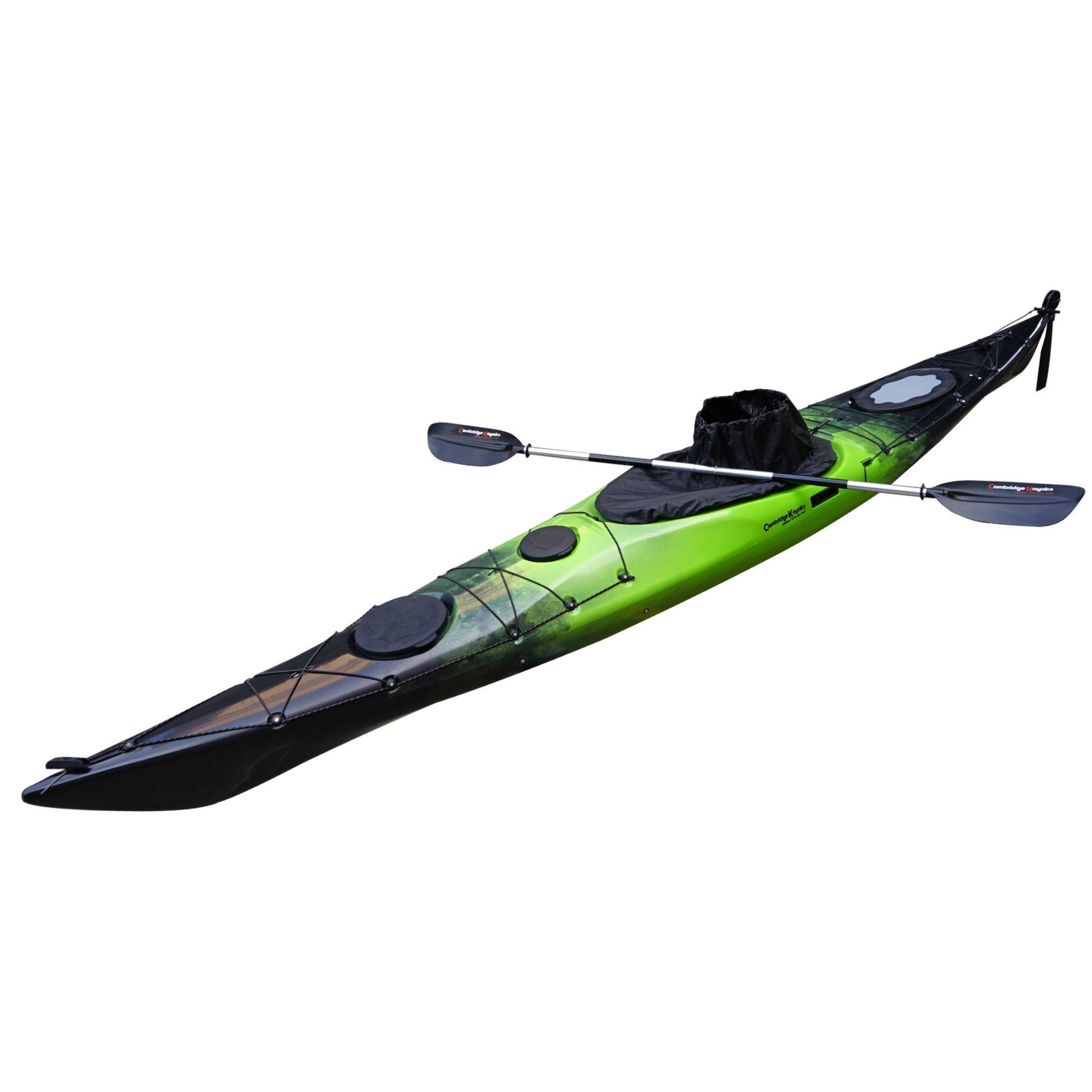 Deck detail of the Cambridge Kayaks Explorer 430 sit inside kayak in green black fade, showing front and rear hatch covers and tie-down points.
