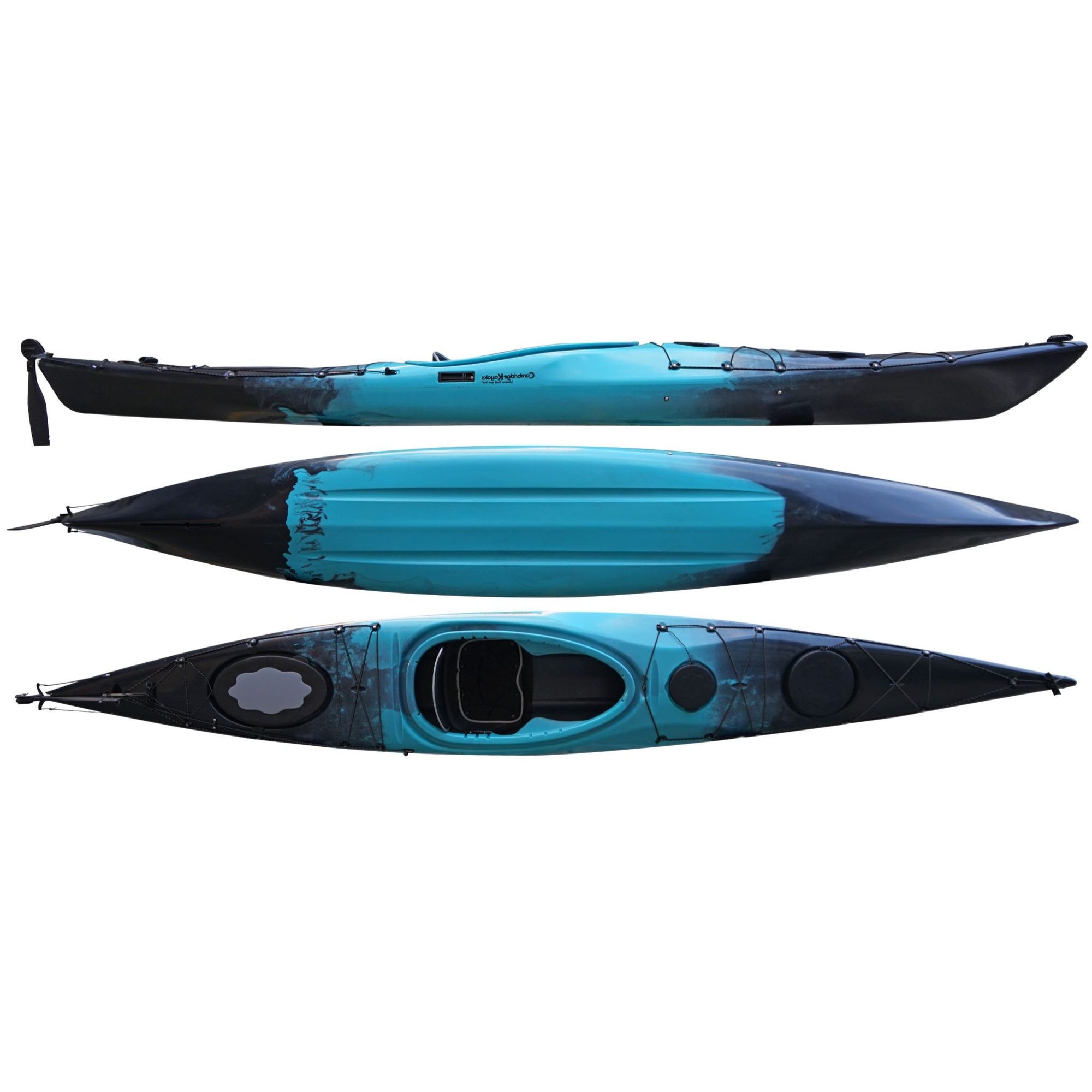 Cambridge Kayaks Explorer 430 sit inside touring kayak in blue black fade, one of the best lightweight touring kayaks UK for beginners and experienced paddlers, ideal for fishing or leisure use