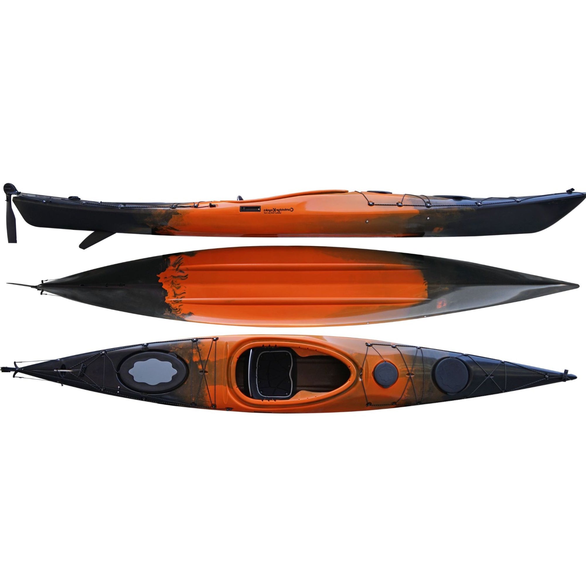 Cambridge Kayaks Explorer 430 sit inside kayak in orange black fade, durable tandem kayak for touring, fitness paddling and leisure trips, lightweight design ideal for UK waters