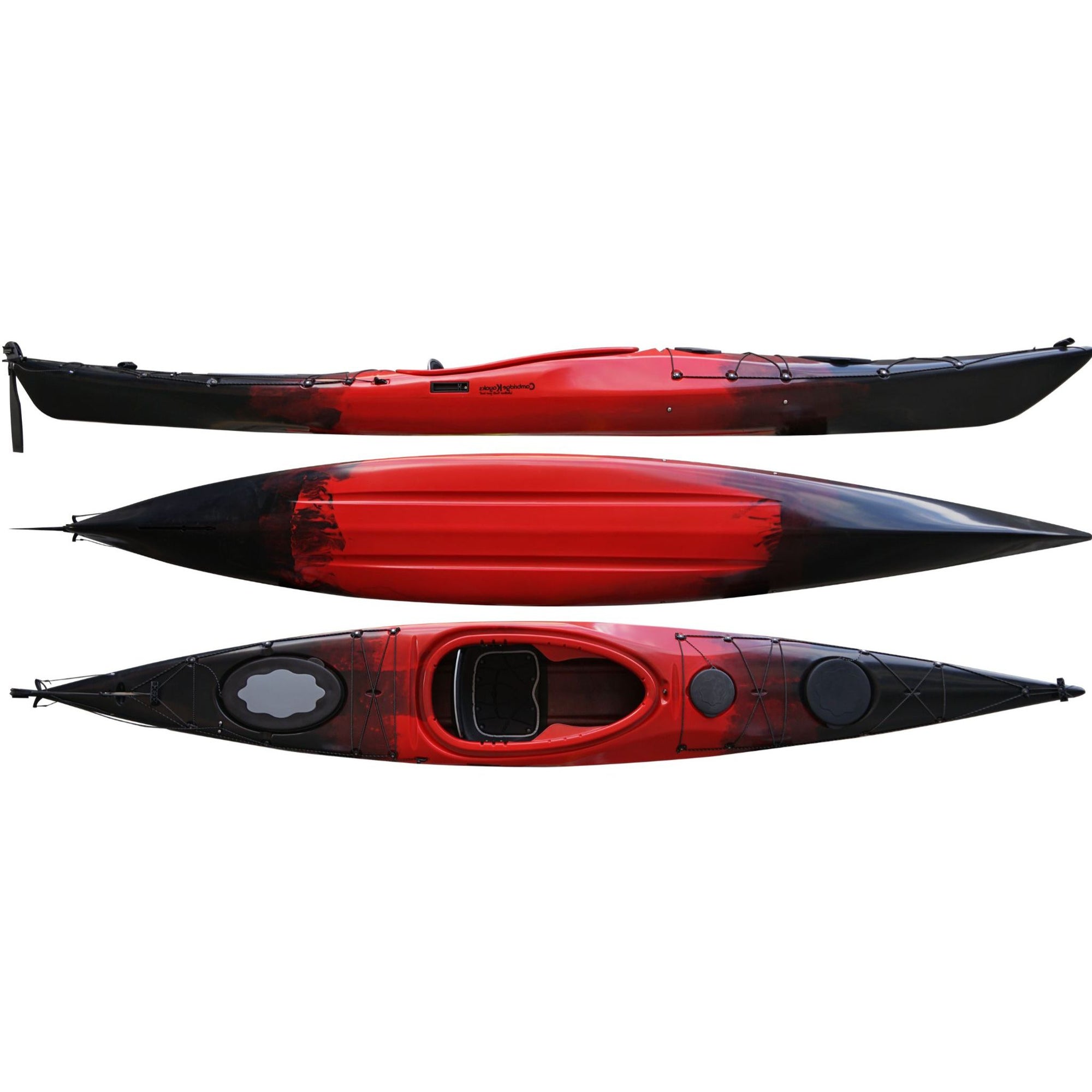 Cambridge Kayaks Explorer 430 sit inside kayak in red black fade, versatile two-person kayak perfect for family adventures, recreational touring and sea kayaking in the UK