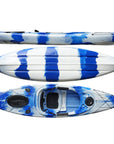 Cambridge Kayaks Herring sit inside single fishing kayak in blue white camo, compact and lightweight kayak for recreational paddling, angling and touring