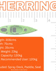 Official dimensions diagram of the Cambridge Kayaks Herring single sit inside kayak showing length, width, seating and hatch specifications