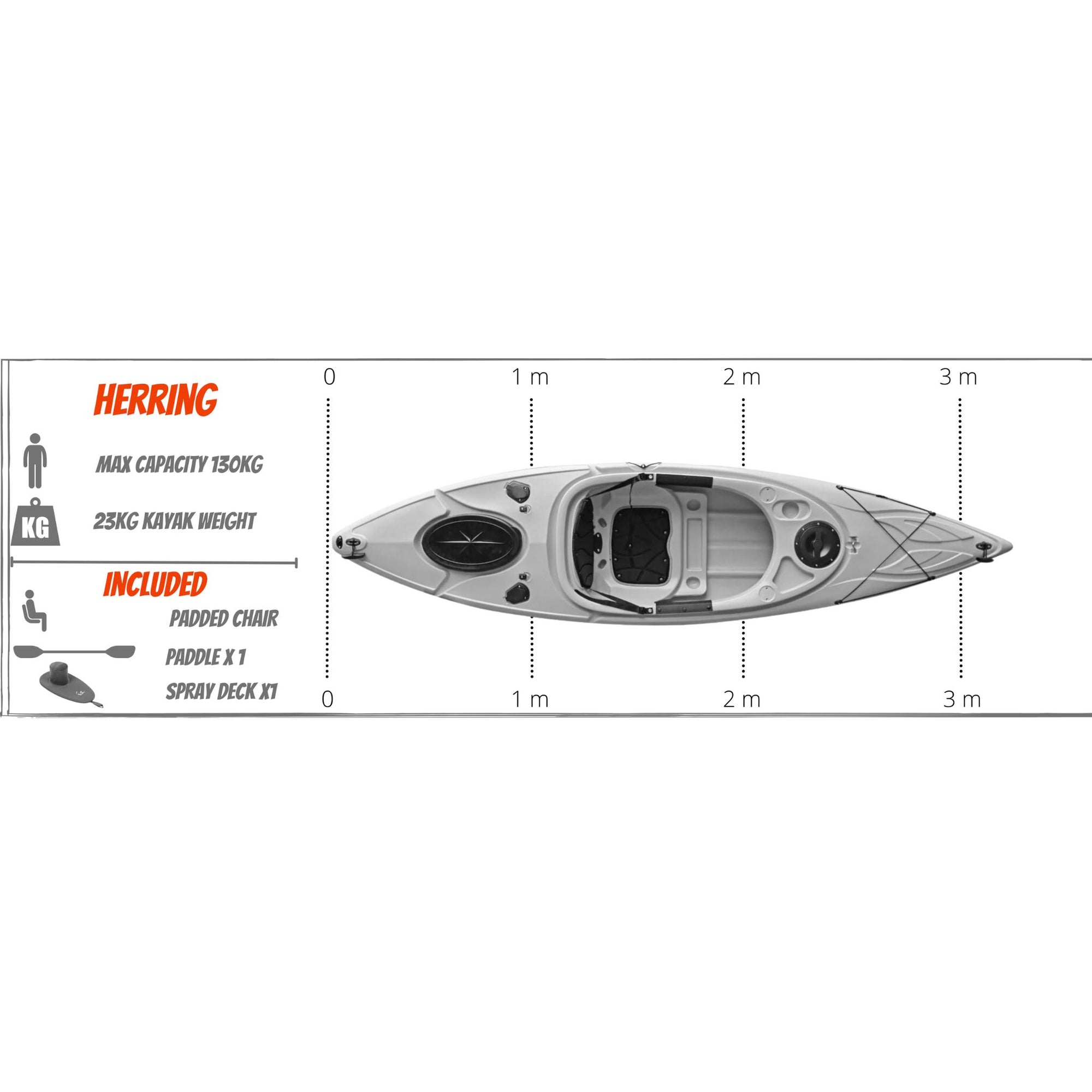 Official dimensions diagram of the Cambridge Kayaks Herring single sit inside kayak showing length, width, seating and hatch specifications