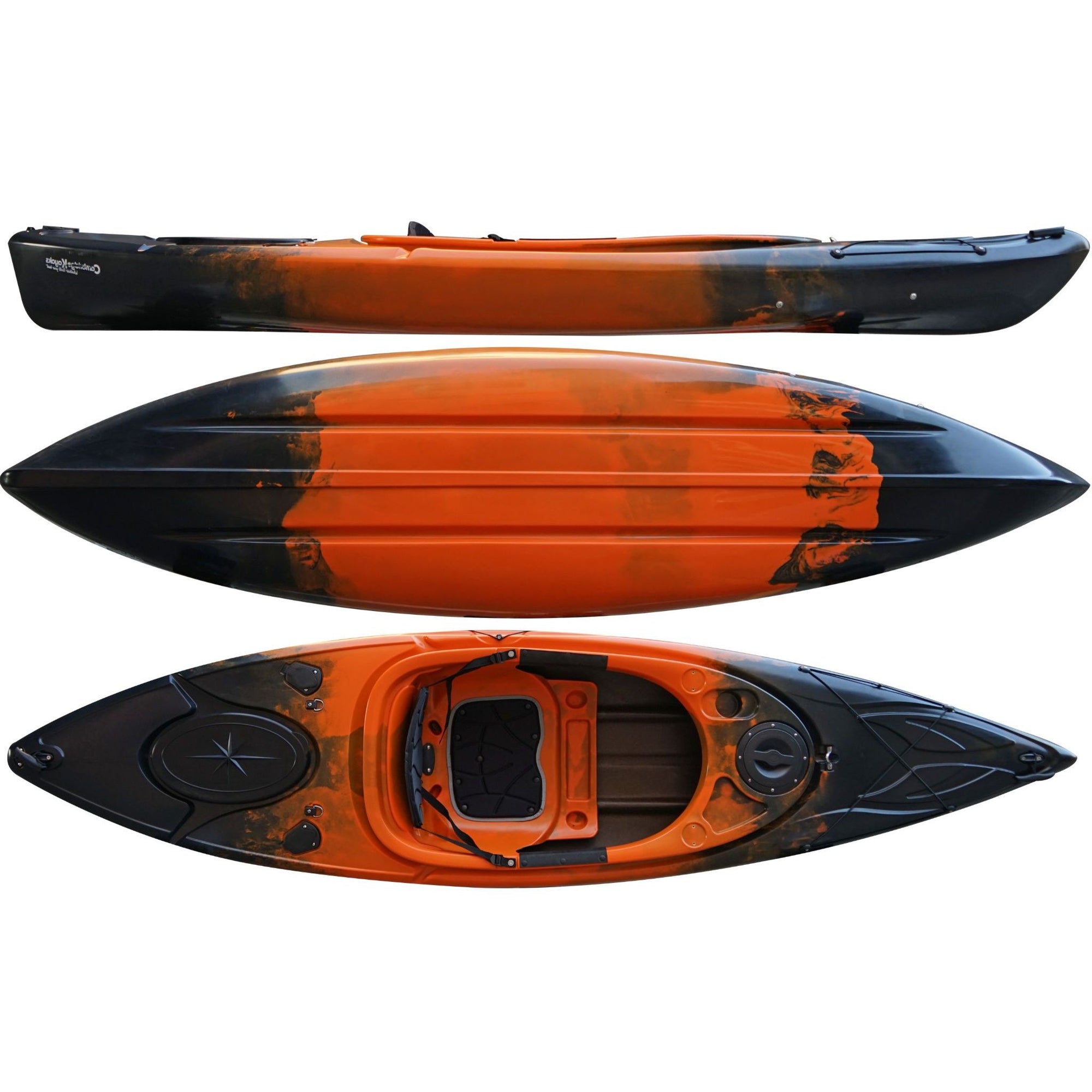 Cambridge Kayaks Herring single sit inside kayak in orange black fade, versatile fishing and leisure kayak with footrests, storage and excellent stability for coastal paddling