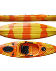 Cambridge Kayaks Herring single sit inside kayak in orange yellow camo, colourful fishing and leisure kayak with storage hatch and ergonomic seating for rivers and lakes