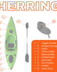 Specifications chart for Cambridge Kayaks Herring single sit inside fishing kayak including weight capacity, seating, storage and hull design