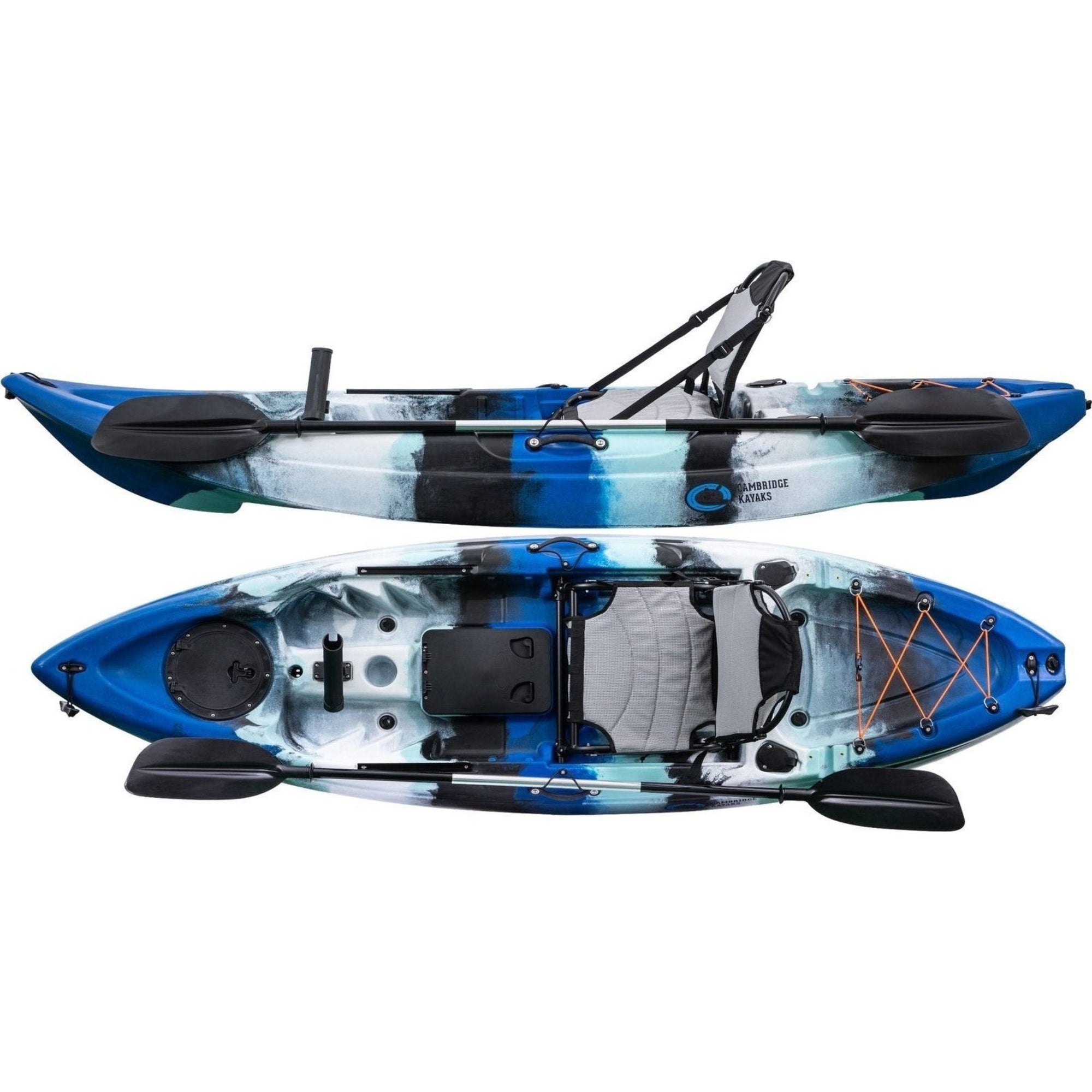 Cambridge Kayaks Manta 9ft fishing kayak in blue white camo with upgraded aluminium chair, stable sit on top kayak for sea, river and lake fishing, touring and recreational paddling with rod holders and storage