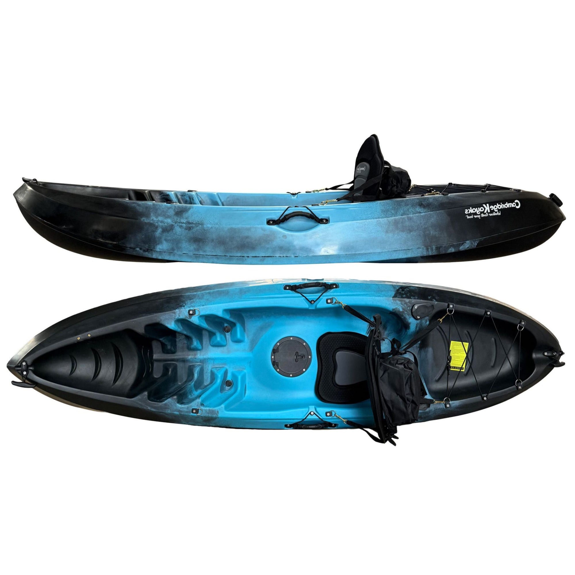 Cambridge Kayaks Neptune single sit on top kayak in black and blue fade, stable design for fishing, touring and recreational use