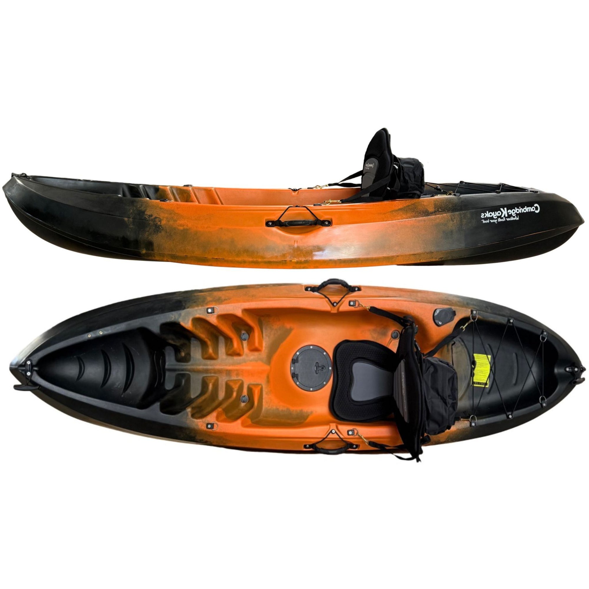 Cambridge Kayaks Neptune single sit on top kayak in striking black and orange fade, sit on top design with storage and footrests