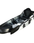 Black white camo Cambridge Kayaks Neptune single sit-on-top kayak angled right. Lightweight and durable kayak designed for smooth handling and stability.