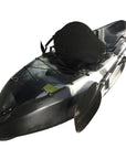 Front angled view of the Cambridge Kayaks Neptune single sit-on-top kayak in black white camo. Displays ergonomic seating and molded footrests for comfort.