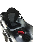 Close-up of the Cambridge Kayaks Neptune kayak seat in black white camo. Shows padded adjustable backrest and waterproof hatch detail for convenient storage.