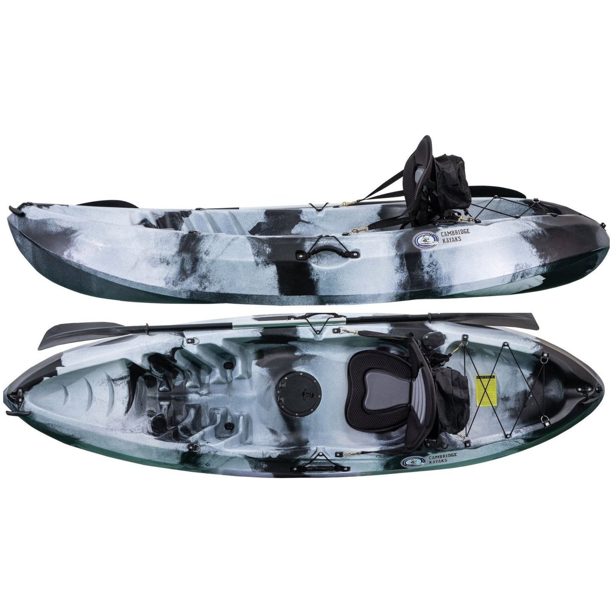 Cambridge Kayaks Neptune single sit on top kayak in black and white colour, angled side view for fishing, touring and recreational paddling