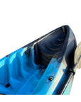 Detailed view of the Cambridge Kayaks Neptune in blue and black, highlighting the moulded footrests and spacious leg area built for paddler comfort and improved control while navigating.