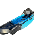 Front-angled view of the Cambridge Kayaks Neptune single sit-on-top kayak in blue and black, featuring a padded backrest seat and durable paddle, ideal for leisure paddlers seeking comfort and performance on calm waters.