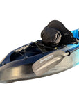 Rear section of the Cambridge Kayaks Neptune kayak in blue and black, featuring the bungee storage area, premium seat with supportive backrest, and paddle with logo branding — great for day trips and recreational use.