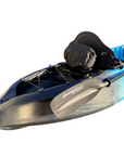 Rear section of the Cambridge Kayaks Neptune kayak in blue and black, featuring the bungee storage area, premium seat with supportive backrest, and paddle with logo branding — great for day trips and recreational use.