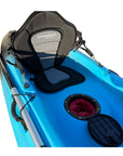 Close-up of the Cambridge Kayaks Neptune kayak in blue and black, showing the padded seat and waterproof central storage hatch with a red dry bag — designed for keeping essentials secure during your adventures.