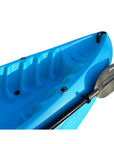 Detailed view of the Cambridge Kayaks Neptune kayak footwell area in blue, highlighting the moulded footrests and durable fittings designed for comfort, control, and easy paddling.
