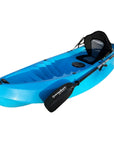 Front-angled view of the Cambridge Kayaks Neptune single sit-on-top kayak in blue, featuring a comfortable padded seat, secure paddle holder, and sleek streamlined design — ideal for rivers, lakes, and coastal paddling.