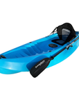 Front-angled view of the Cambridge Kayaks Neptune single sit-on-top kayak in blue, featuring a comfortable padded seat, secure paddle holder, and sleek streamlined design — ideal for rivers, lakes, and coastal paddling.