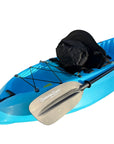 Rear section of the Cambridge Kayaks Neptune single sit-on-top kayak in blue, showing the bungee cord storage area, padded seat, and Cambridge Kayaks paddle — perfect for carrying gear or essentials on the water.