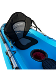 Close-up of the padded ergonomic seat on the Cambridge Kayaks Neptune in blue, designed for comfort and back support on longer paddling sessions, complete with secure side fittings and central hatch.