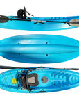 Top, side, and underside view of the Cambridge Kayaks Neptune single sit-on-top kayak in blue, showcasing its tri-hull design for stability, smooth glide, and easy manoeuvrability across various water conditions.