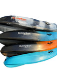 Stacked view of the Cambridge Kayaks Neptune kayak collection, highlighting the variety of available colours and the brand’s signature “Whatever floats your boat” logo — perfect for paddlers seeking style, comfort, and performance.