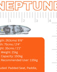 Detailed dimensions diagram of the Cambridge Kayaks Neptune single sit on top kayak showing length, width, weight and specifications
