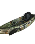 Front angled view of the Cambridge Kayaks Neptune single sit-on-top kayak in jungle camo. Highlights bow shape and carry handle for easy transport.
