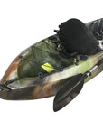 Jungle camo Cambridge Kayaks Neptune kayak hatch and deck close-up. Displays storage compartment, molded footrests, and waterproof hatch detail.