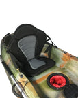 Close-up of the Cambridge Kayaks Neptune kayak seat in jungle camo. Shows padded backrest and adjustable straps for comfort and support.