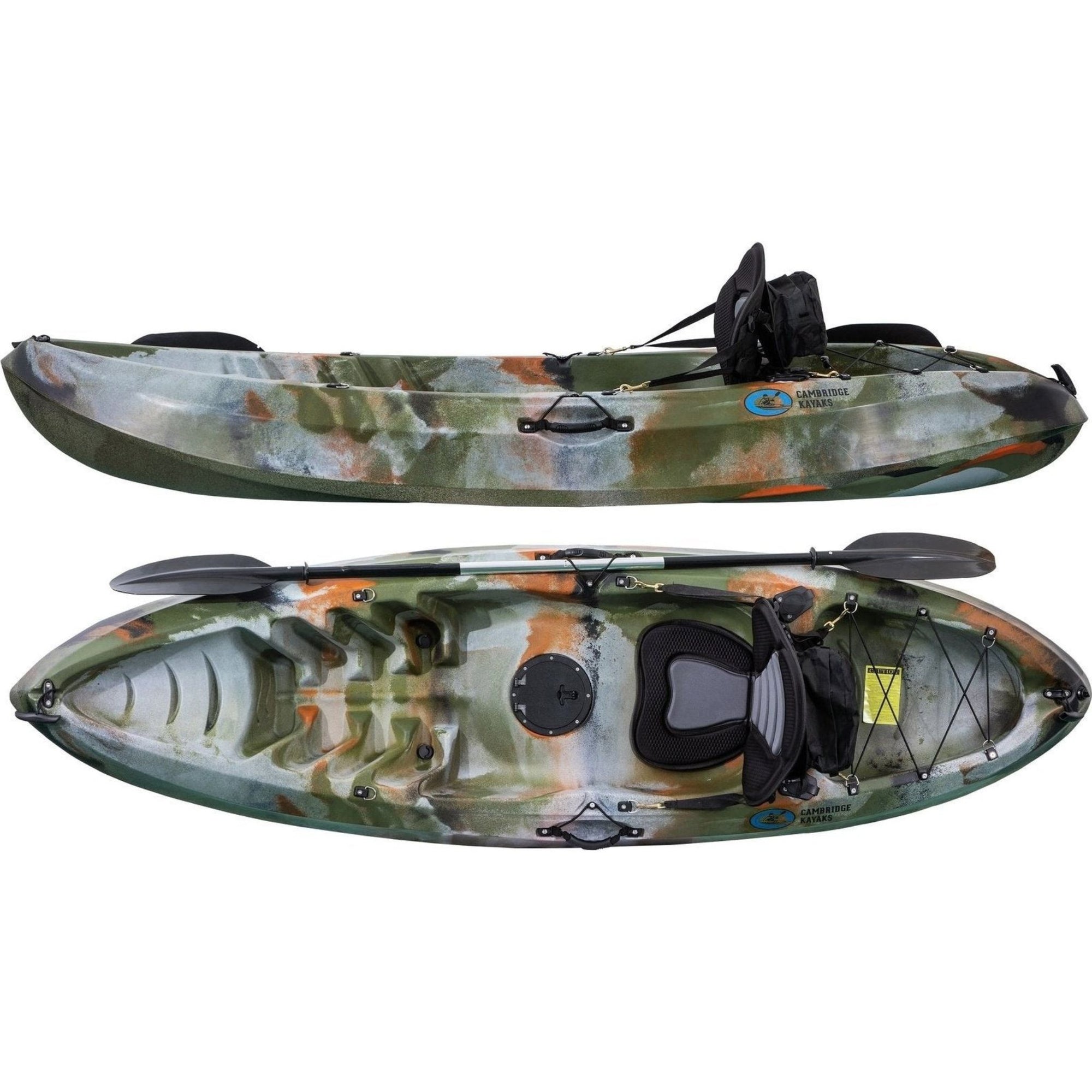 Cambridge Kayaks Neptune single sit on top kayak in jungle camouflage design, durable fishing and touring kayak with storage and comfort seat