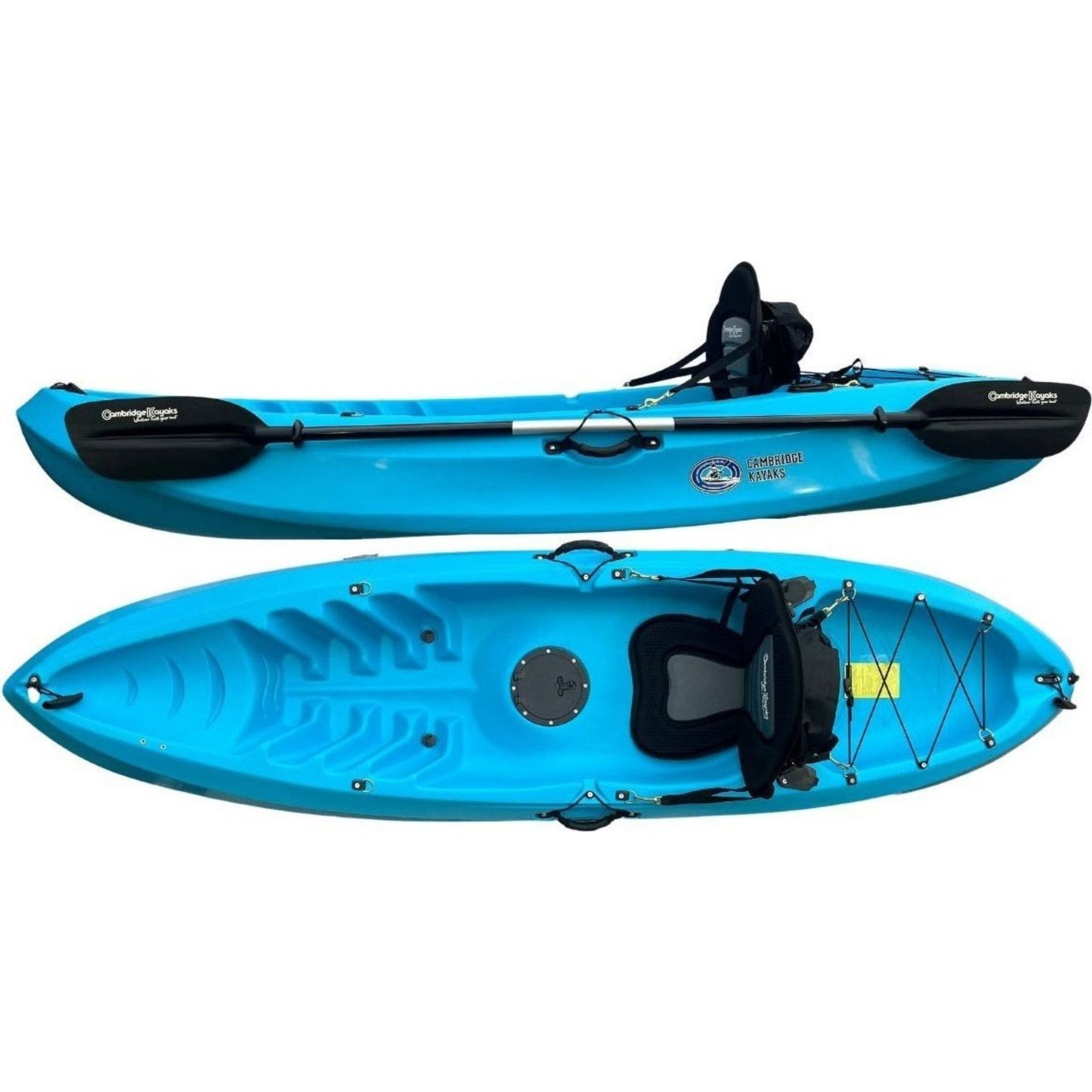 Cambridge Kayaks Neptune single sit on top kayak in light blue colour, compact design for sea, river and lake paddling adventures