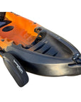 Close-up of the Cambridge Kayaks Neptune kayak in orange and black, focusing on the footwell and front handle area, designed for improved stability, comfort, and control while paddling in various water conditions.